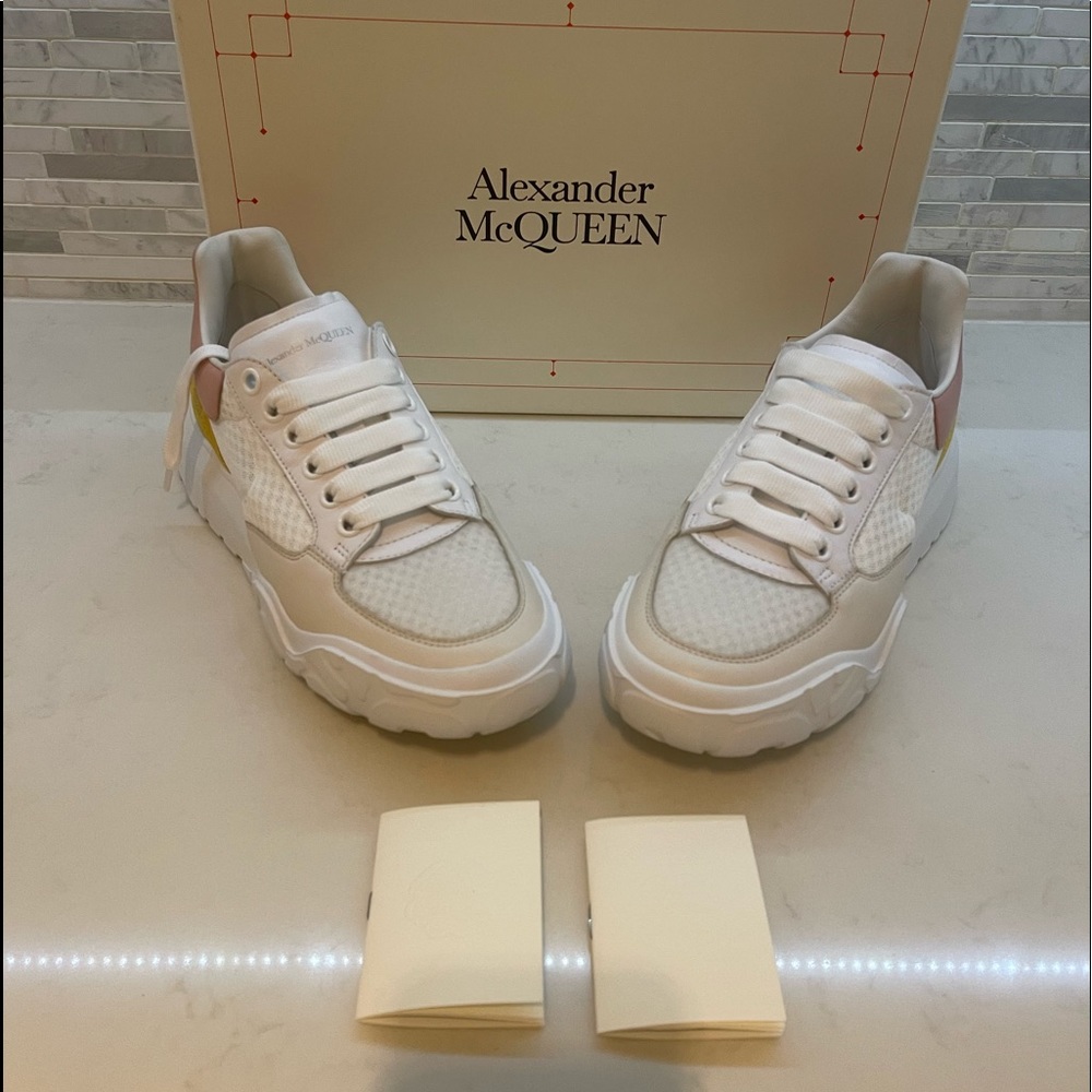Alexander McQueen Court  Trainer Mesh Sneakers White yellow and pink